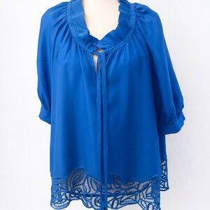 Ali Ro Vibrant 100% Silk Blue Blouse with Lace Hem